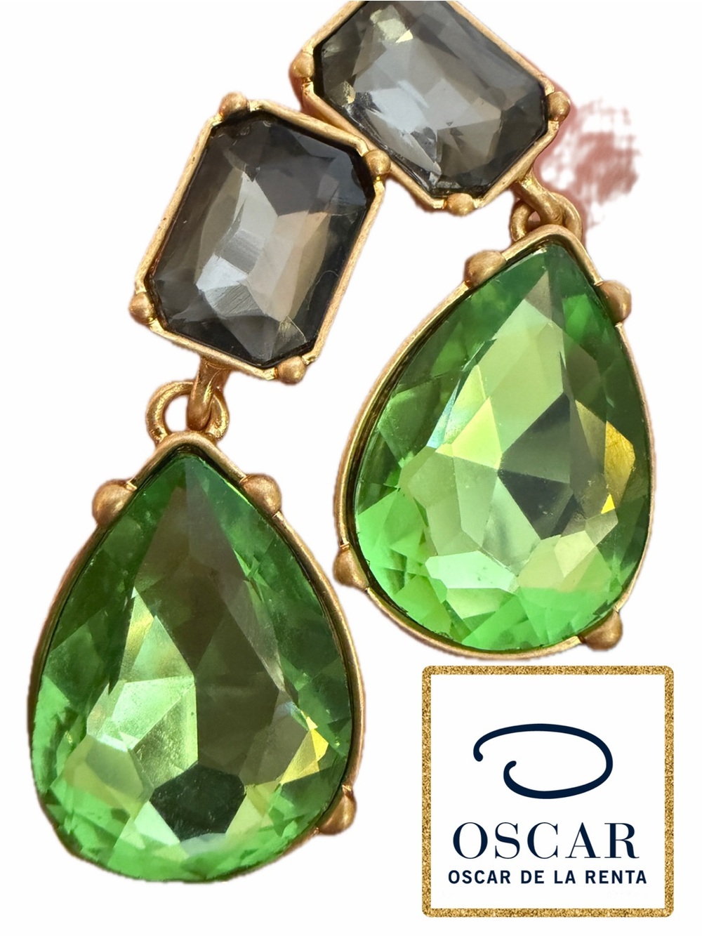 Oscar de la Renta Green CRYSTAL TEARDROP EARRINGS 💚SIGNED Pierced/Post Back
